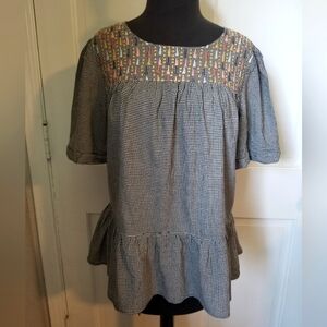 Gingham embroidery peplum blouse